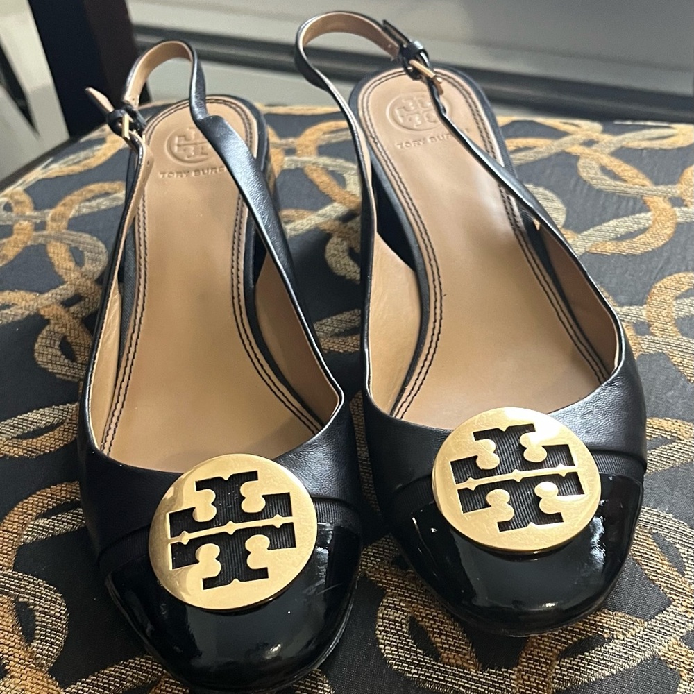 Tory Burch Black and Gold Slingback Heels